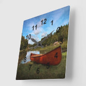 Horloge Carrée Paysage en bois rouge de canoë (Angle)