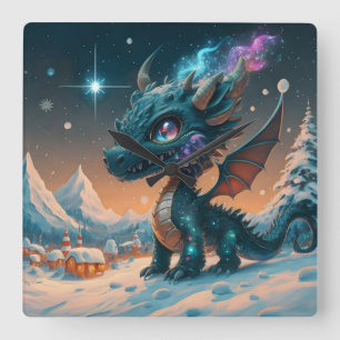 Horloge Carrée Paysage hivernal de Chibi Dragon mystique