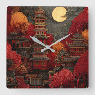Horloge Carrée Paysage lunaire de pagode d'Asie de l'Est rouge et