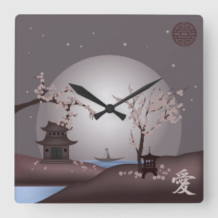 Horloge Carrée Paysage lune asiatique fleurs rose