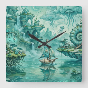 Horloge Carrée Paysage Marin Rêveur Surréaliste Fantastique en Ve