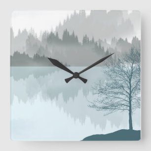 Horloge Carrée Paysage Reflet Lac Arbres Vert