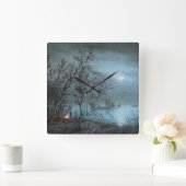 HORLOGE CARRÉE PAYSAGE ROMANTIQUE NOCTURNE EN BLEU (Maison)