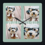 Horloge Carrée Peace Love Joy Photo Collage de voeux de vacances<br><div class="desc">Mint and Ice Blue - Utilisez 4 photos carrés ou instagram pour créer un Méménite de Noël Joyeux et branché unique et tendance. Si vous avez besoin de déplacer quelque chose,  cliquez sur le bouton personnaliser pour apporter des modifications.</div>