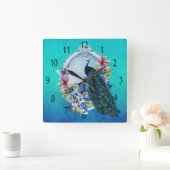 Horloge Carrée Peacock and Floral Square Wall Clock (Maison)