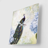 Horloge Carrée Peacock et hydrangea (Angle)