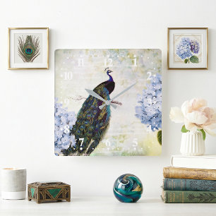 Horloge Carrée Peacock et hydrangea