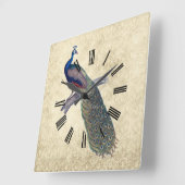 Horloge Carrée Peacock sur Elegant Ivory Damask (Angle)
