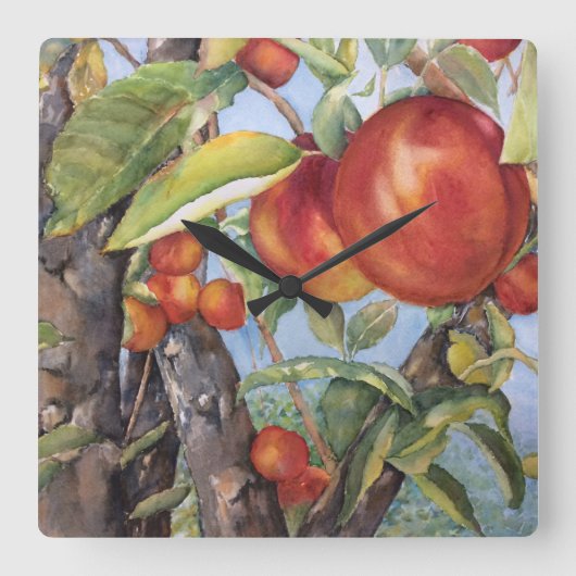 Horloge Carrée Pêche à l'aquarelle Récolte de fruits du verger (Recto)