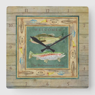 Horloge Carrée Pêche de lac, grande basse de bouche, hommes de