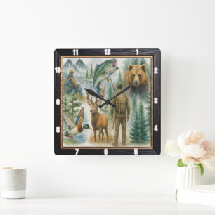 Horloge Carrée Pêcheur de chasse à la faune extérieure
