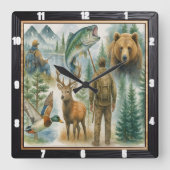 Horloge Carrée Pêcheur de chasse à la faune extérieure (Recto)