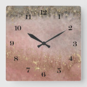 Horloge Carrée peinture à l'aquarelle rose, or et gris (Recto)