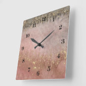 Horloge Carrée peinture à l'aquarelle rose, or et gris (Angle)