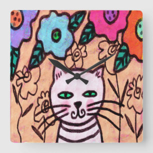 Horloge Carrée Peinture Abstraite de chats colorée