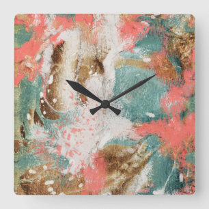 Horloge Carrée Peinture Abstraite moderne Coral Turquoise Gold Wh