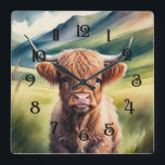 Horloge Carrée Peinture aquarelle Bébé Highland Cow assise<br><div class="desc">Aquarelle Peinture Baby Highland Vache Assis dans un champ</div>