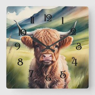 Horloge Carrée Peinture aquarelle Bébé Highland Cow assise