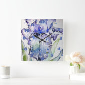 Horloge Carrée Peinture d'aquarelle bleu violet Iris Art floral (Maison)