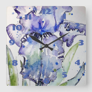 Horloge Carrée Peinture d'aquarelle bleu violet Iris Art floral