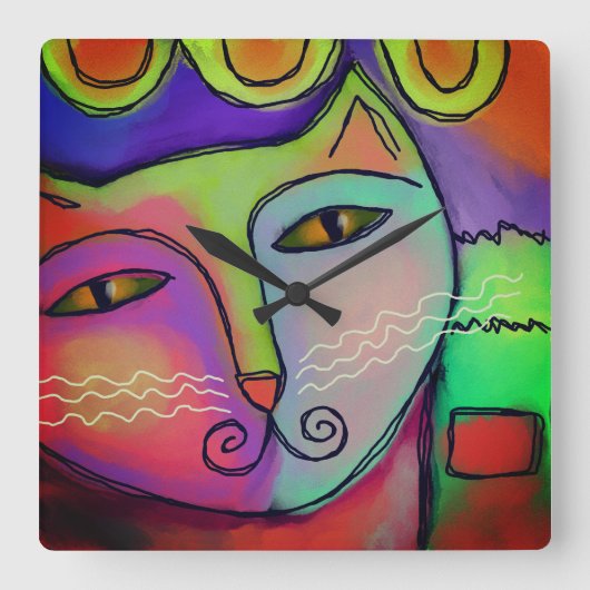 Horloge Carrée Peinture de chats d'art Abstrait colorée (Recto)