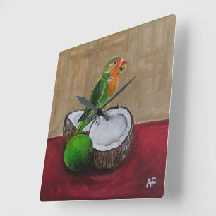 Horloge Carrée Peinture de la fête tropicale de l'inséparable par