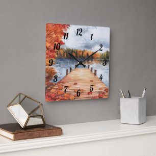 Horloge Carrée Peinture de paysage de lac d'automne et de nature