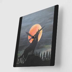 Horloge Carrée Peinture de silhouette de loup par Alfred Fox