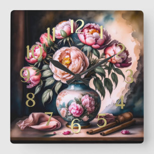 Horloge Carrée Peinture de style vintage de Bouquet de Vase de Fl
