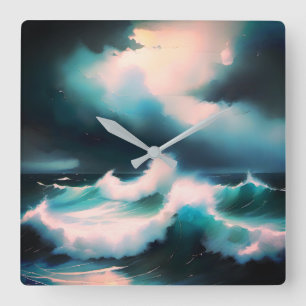 Horloge Carrée Peinture de vagues d'océan bleu joli