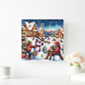 Horloge Carrée Peinture d'enfants Hiver amusant Snowmen Dormir (Maison)