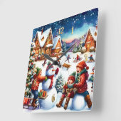 Horloge Carrée Peinture d'enfants Hiver amusant Snowmen Dormir (Angle)