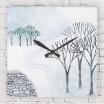 Horloge Carrée Peinture du paysage de neige en hiver<br><div class="desc">Un paysage hivernal enneigé avec des arbres et un mur en pierre sèche. Brrr ! Art original de Nic Squirrell.</div>