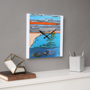 Horloge Carrée Peinture Lever de soleil sur l'océan 8 bits par Al
