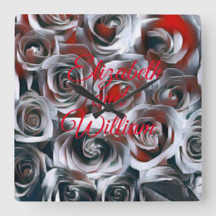 Horloge Carrée Peinture moderne Noir blanc argent et Roses rouges