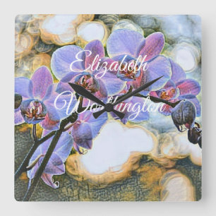 Horloge Carrée Peinture moderne violet bleu orchidée Fleurs