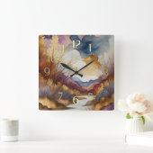 Horloge Carrée Peinture Paysage Abstrait Or Bleu pourpre (Maison)