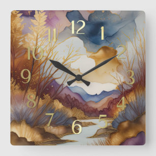 Horloge Carrée Peinture Paysage Abstrait Or Bleu pourpre