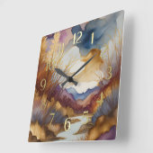 Horloge Carrée Peinture Paysage Abstrait Or Bleu pourpre (Angle)