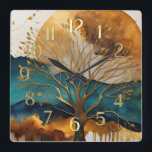 Horloge Carrée Peinture Paysage Abstrait Or Rouille Bleu<br><div class="desc">Peinture Paysage Abstrait Or Rouille Bleu</div>