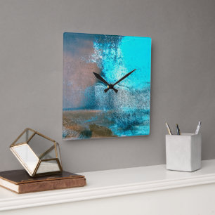 Horloge Carrée Peinture turquoise texturée et abstrait rouillé