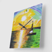 Horloge Carrée Peintures DG Couché de soleil en voile (Angle)
