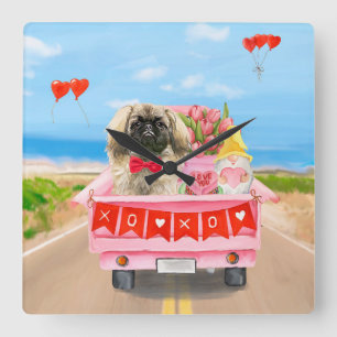 Horloge Carrée Pekingese Chien Saint Valentin Coeurs de Camion