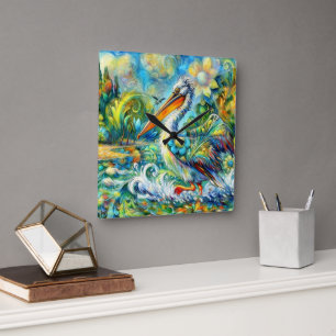 Horloge Carrée Pélican au pays des merveilles Floral Vert Bleu ja