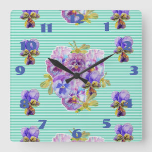Horloge Carrée Pensées délabrées Floral Aqua Turquoise