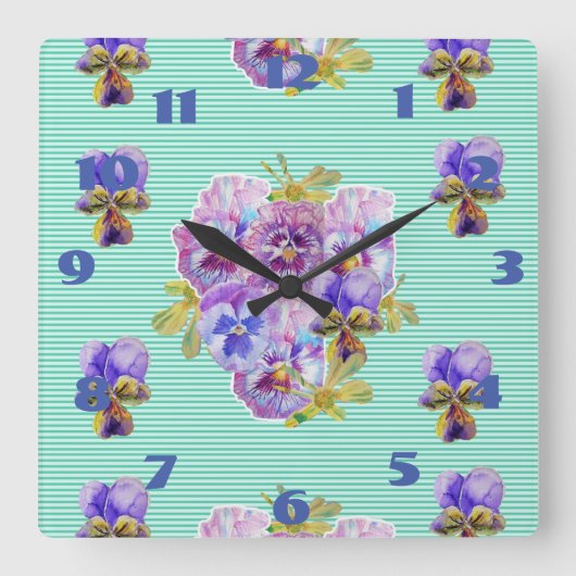 Horloge Carrée Pensées délabrées Pensée Floral Aqua Turquoise (Recto)