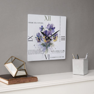 Horloge Carrée Pensées Tricolores Viola à l'aquarelle