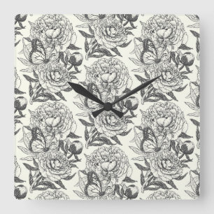 Horloge Carrée Peonies et papillons bloquent l'impression, noir e