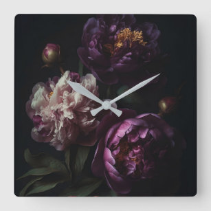 Horloge Carrée Peonies violettes foncées Fleur Bouquet Huile enco