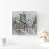 Horloge Carrée Père Noël ancienne avec enfants devant une église (Maison)